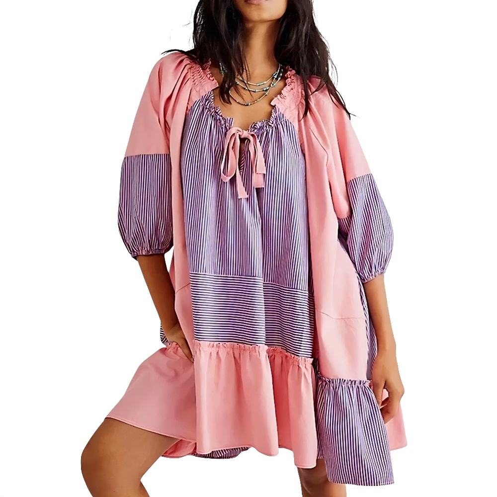 Free People Keegan Oversized Tunic Dress‎ Pink With Stripes Size XS